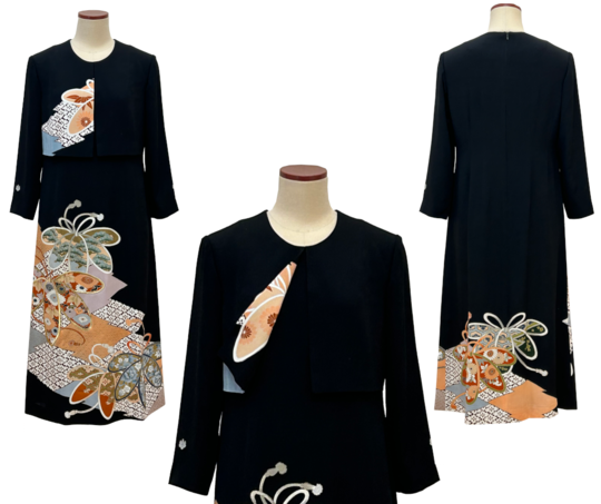 3048 着物　留袖　リメイク　ドレス　ワンピース 着物リメイクワンピース 留袖ドレス 黒留袖 結婚式 披露宴 卒業
